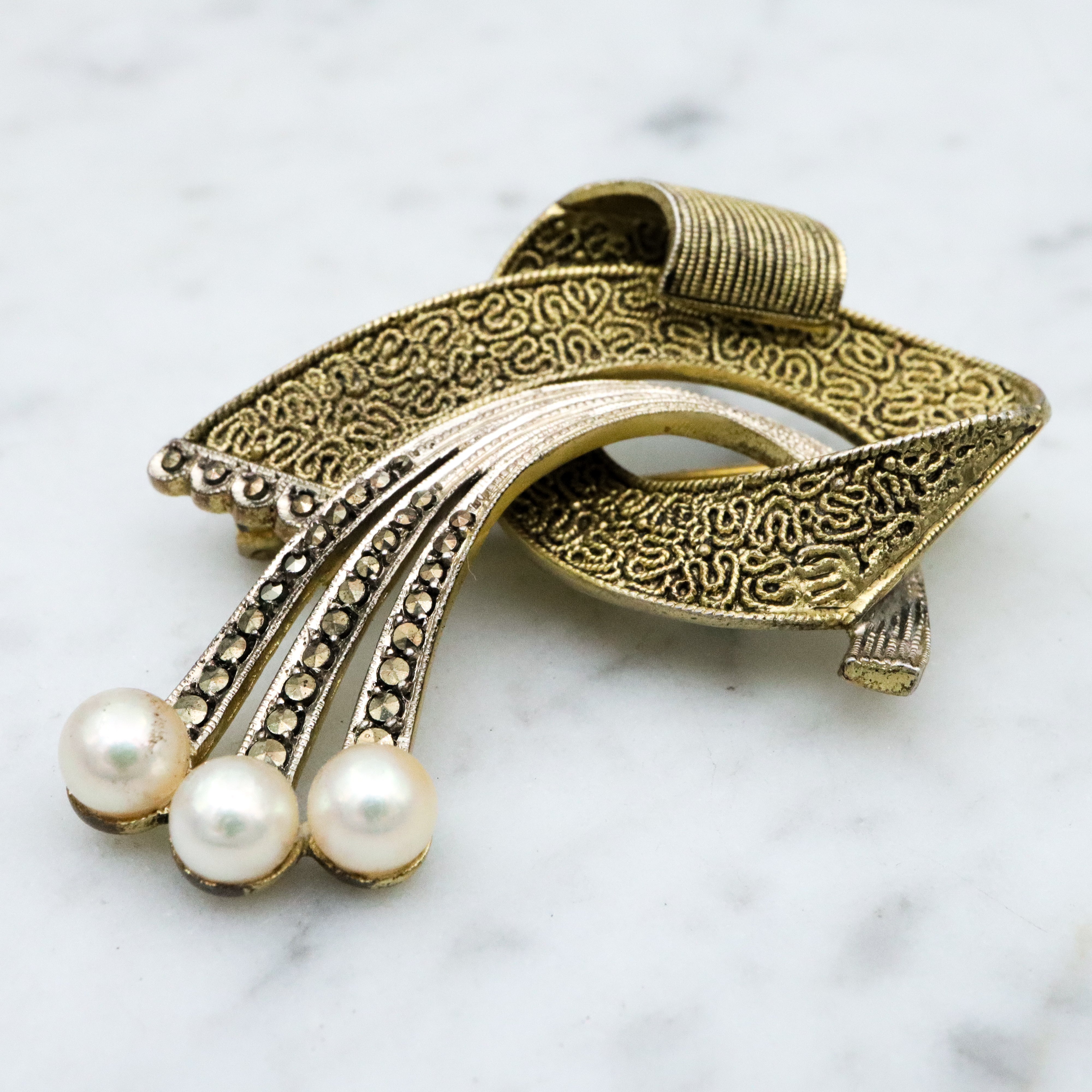 Antique Jugendstil Art Deco Theodor Fahrner vermeil sterling abstract brooch w/marcasites & pearls